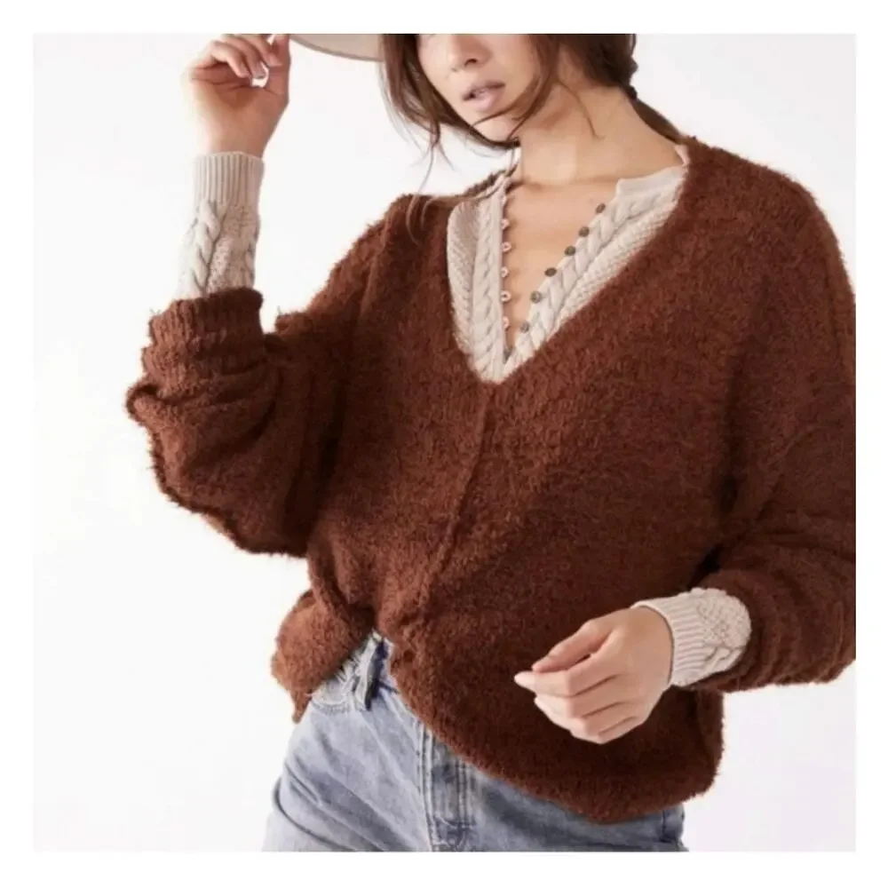 Free People Icing V-Neck Sweater Mocha Brown Size XS Fuzzy Oversized Soft